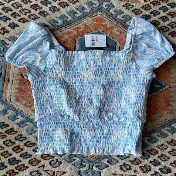 Lush Blue Swirl Smocked Puff Sleeve Crop Top - Picture 1 of 6